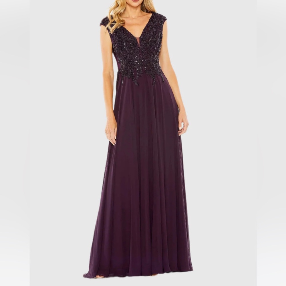 Mac Duggal V-neckline Illusion Sequin Embellished A-line Dress